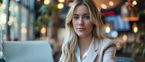 A professional businesswoman working on a laptop, suitable for corporate and professional content photo