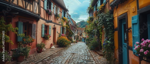 Fototapeta Naklejka Na Ścianę i Meble -  A quaint European village with cobblestone streets and colorful houses, photographed in