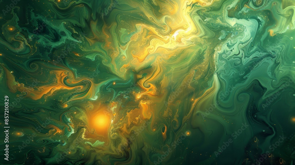Background with pine green and saffron gold fluid patterns light reflections clover shapes. background Background with pine green and saffron gold fluid patterns light reflections clover shapes. background