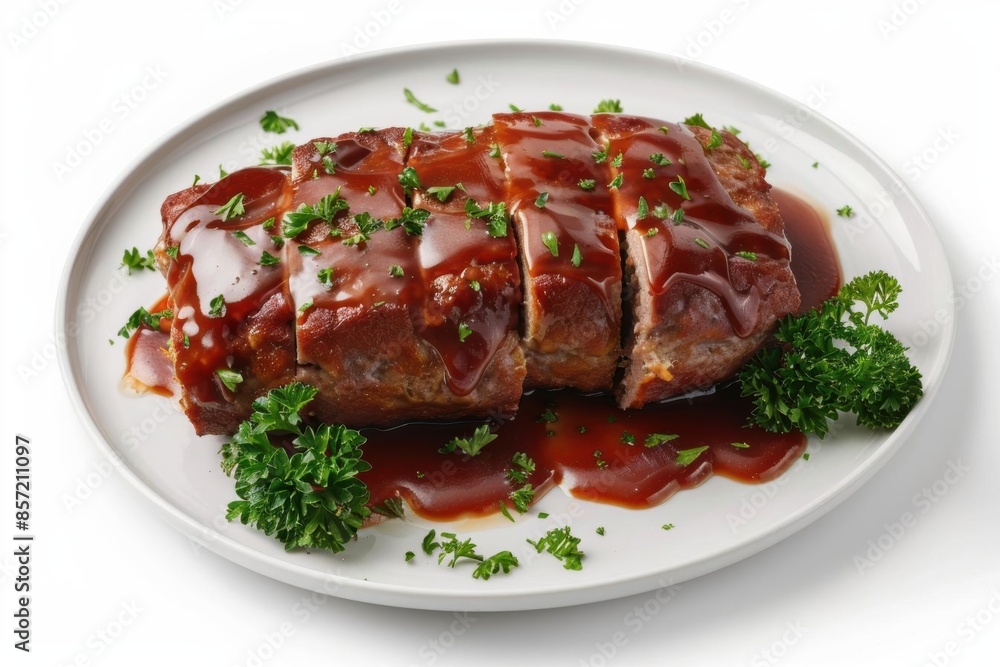 Close-up of glazed, sliced pork loin on a white plate. Close-up of glazed, sliced pork loin on a white plate.