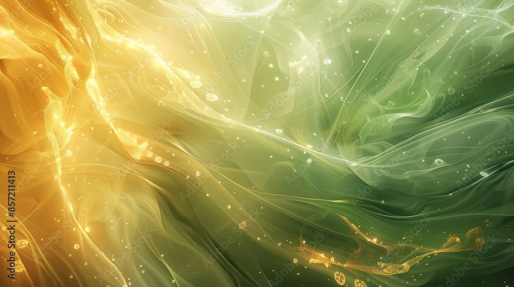 Naklejka premium Green and amber gold background liquid patterns glowing points shamrock hints. background