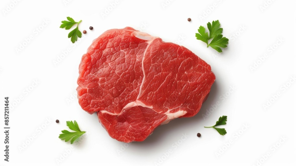 Raw beef steak with parsley and peppercorns on white background. Raw beef steak with parsley and peppercorns on white background.
