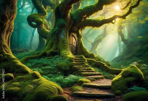 enchanted ancient stone path winding through magical woods, forest, mystical, trees, green, foliage, mysterious, shadows, sunlight, pathway, mossy, walkway, fairy