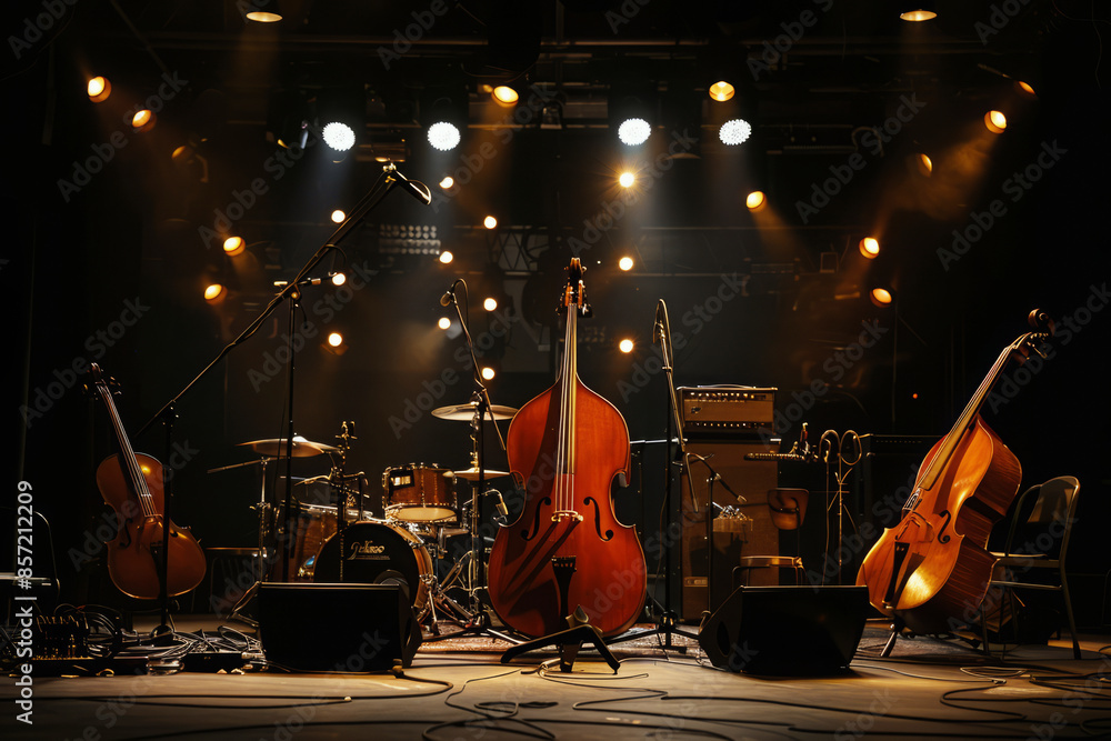 Fototapeta premium Collection of musical instruments, including double basses and guitars. Orchestra ready for performance on stage under dramatic lighting
