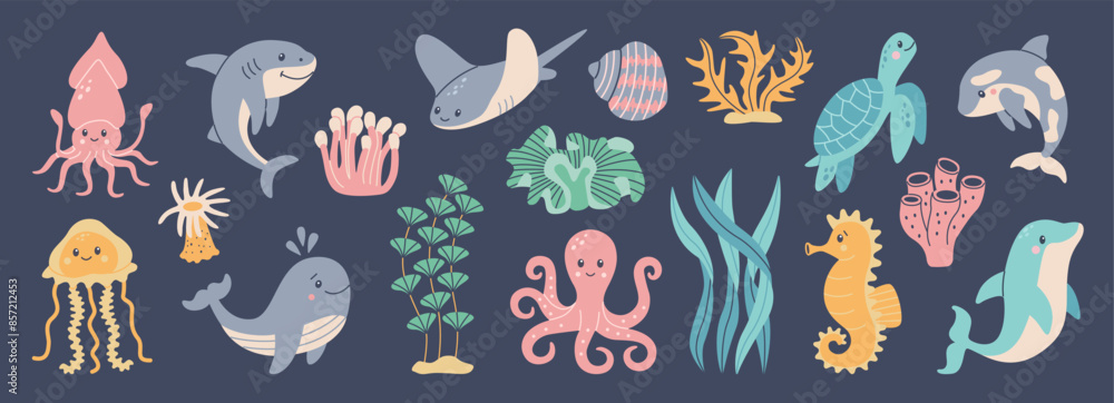Set of hand drawn marine life. Fish and wild sea animals. Octopus, seahorse, whale, dolphin, killer whale, turtle, squid, cachalot. Algae and seashells. Vector cute flat cartoon illustration. Set of hand drawn marine life. Fish and wild sea animals. Octopus, seahorse, whale, dolphin, killer whale, turtle, squid, cachalot. Algae and seashells. Vector cute flat cartoon illustration.