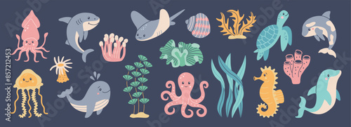 Set of hand drawn marine life. Fish and wild sea animals. Octopus, seahorse, whale, dolphin, killer whale, turtle, squid, cachalot. Algae and seashells. Vector cute flat cartoon illustration.