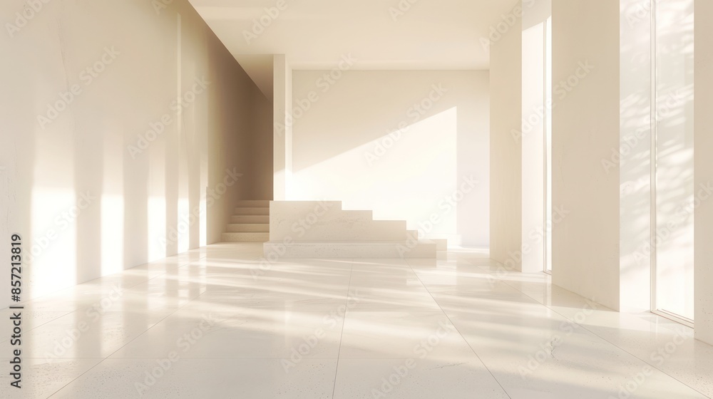 Interior appearance of the house is clean white without furniture with natural lighting from glass windows Interior appearance of the house is clean white without furniture with natural lighting from glass windows