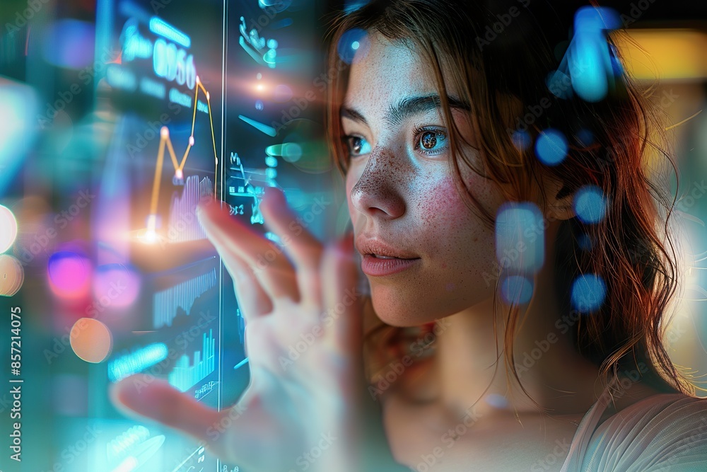 Woman Experiencing Virtual Hologram Technology Woman Experiencing Virtual Hologram Technology
