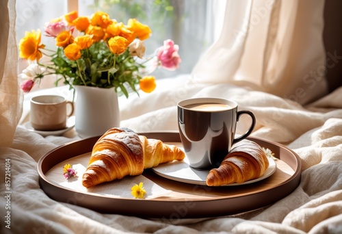 cozy fresh breakfast served tray bed flowers, bedroom, morning, coffee, croissant, home, relaxation, delicious, food, meal, interior, design, lifestyle
