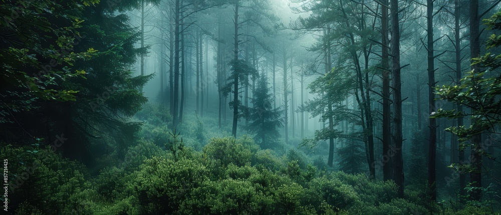 Obraz premium A serene, foggy morning in a dense forest with tall pine trees, captured in