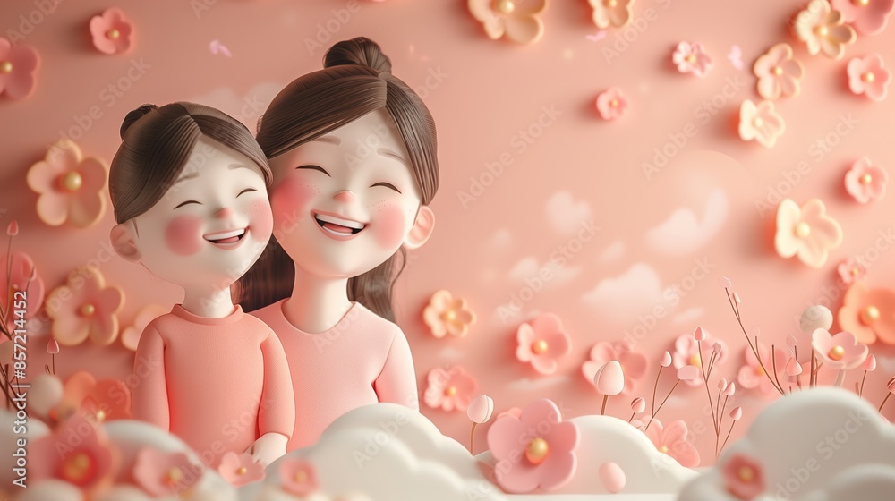 Two Smiling Cartoon Girls Among Pink Flowers in a 3D Illustration Two Smiling Cartoon Girls Among Pink Flowers in a 3D Illustration