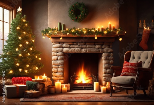 warm hearth ambiance hanging stockings cozy winter atmosphere, fireplace, decorations, home, interior, festive, holiday, traditional, christmas, comfortable photo
