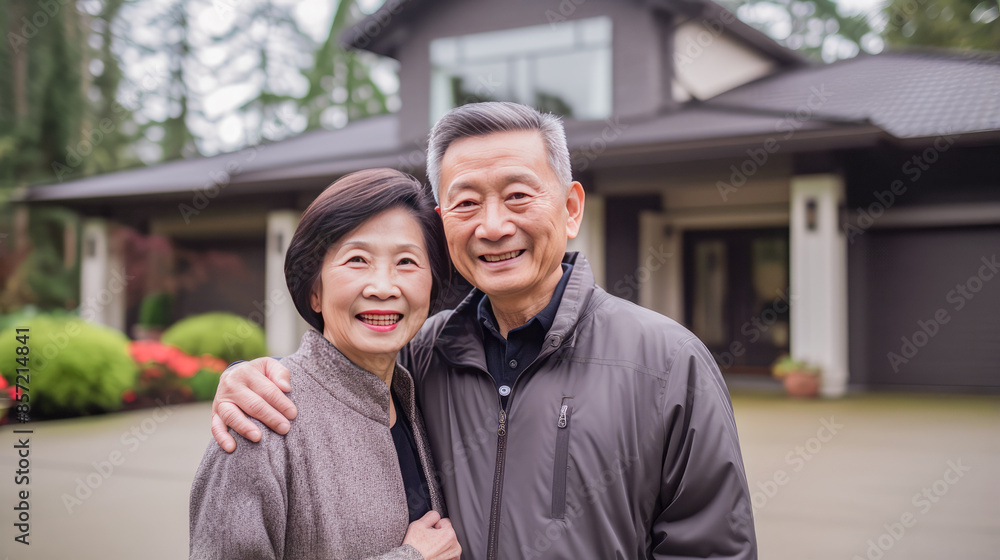 Happy young elderly old Asian couple against the background of their new house in the yard.