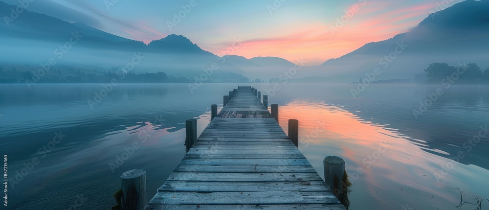 Obraz premium A serene scene of a wooden pier extending into a calm lake at sunrise, with mist rising from the water and mountains in the distance