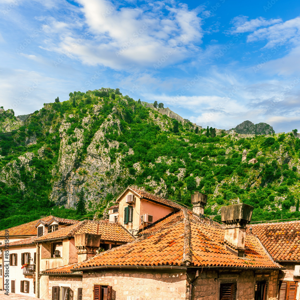 Obraz premium landscape of beautiful vintage houses with orange tile roofs in vintage venetian style to amazing high green mountain with ancient buildings on slopes and nice cloudy sky on background
