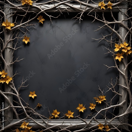 Dark Gothic Fantasy A Grunge Backdrop Framed by Dry Branches, Thorns, Ivy, and Golden Flowers