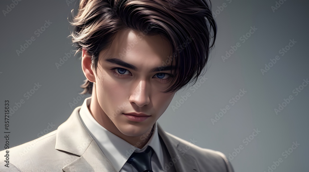 A close-up portrait of a young man with striking blue eyes and medium-length dark hair styled in a modern, slightly tousled fashion. He is wearing a light-colored suit with a white shirt and a dark ti A close-up portrait of a young man with striking blue eyes and medium-length dark hair styled in a modern, slightly tousled fashion. He is wearing a light-colored suit with a white shirt and a dark ti