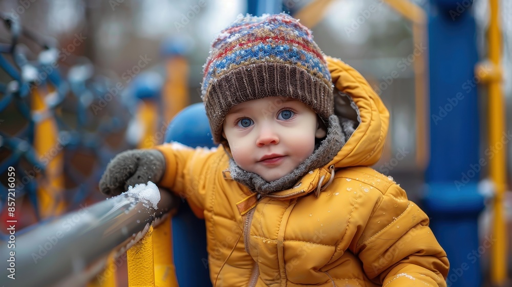 A young child in a yellow winter coat and multicolored beanie, standing on playground equipment, with snowflakes gently falling, depicting a scene of playful curiosity. A young child in a yellow winter coat and multicolored beanie, standing on playground equipment, with snowflakes gently falling, depicting a scene of playful curiosity.