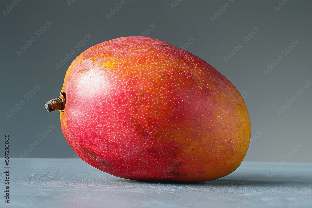 Studio-lit photograph of a ripe mango on a neutral surface, highlighting its vibrant orange color and smooth skin Studio-lit photograph of a ripe mango on a neutral surface, highlighting its vibrant orange color and smooth skin