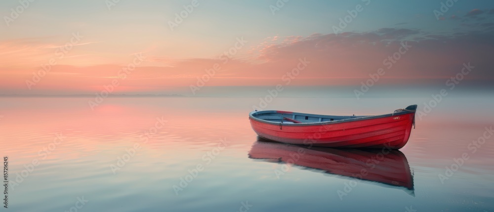 A single boat floating on a calm sea at dusk A single boat floating on a calm sea at dusk