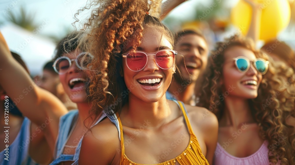 Happy crowd of young people, all wearing sunglasses, celebrating and enjoying a lively outdoor event under the bright sun on a beautiful day. Happy crowd of young people, all wearing sunglasses, celebrating and enjoying a lively outdoor event under the bright sun on a beautiful day.