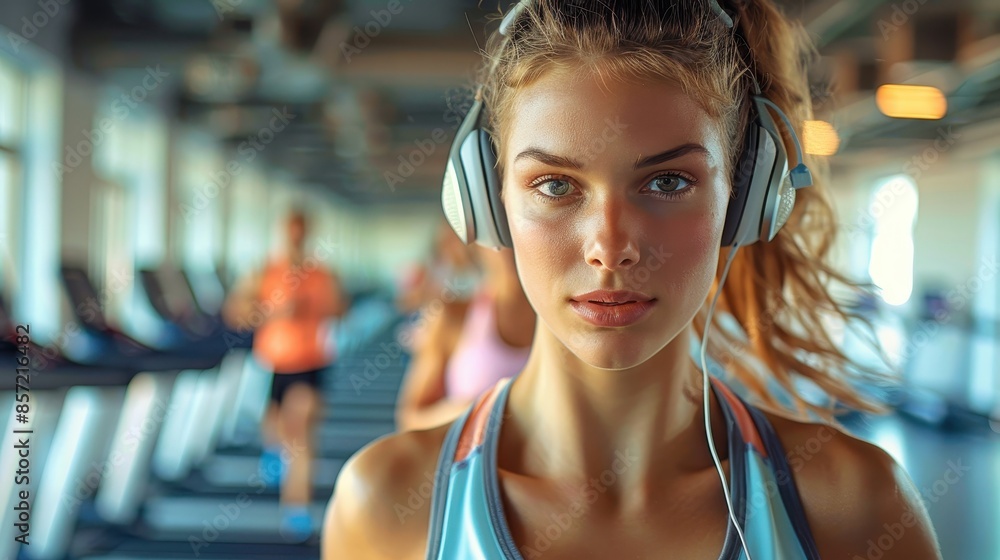 A young woman with headphones working out in a gym. The image captures her focused and determined expression as she exercises on a treadmill, highlighting her dedication. A young woman with headphones working out in a gym. The image captures her focused and determined expression as she exercises on a treadmill, highlighting her dedication.