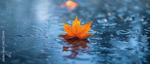 A single leaf on the surface of a frozen pond photo