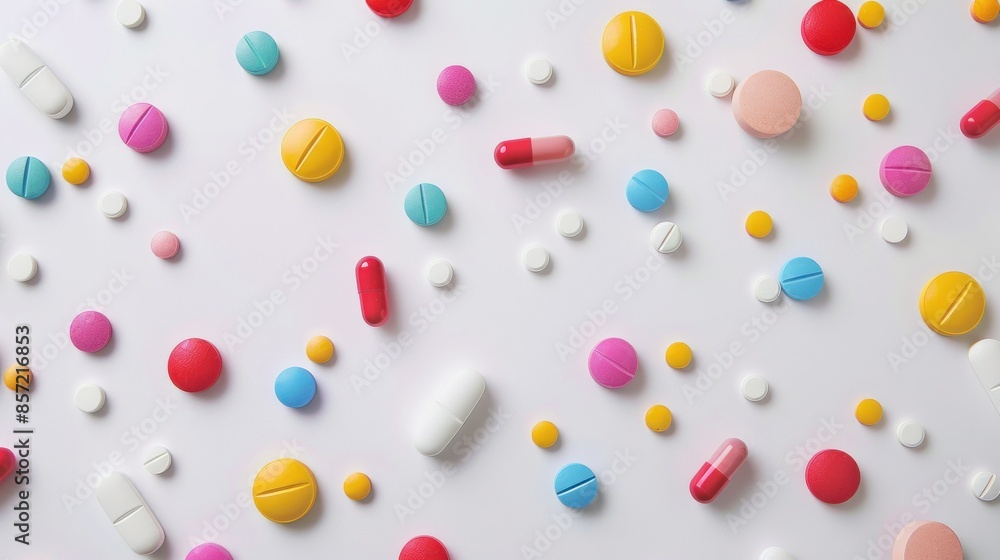 Colorful medication and pills on white surface with space for text and image for medical concept Colorful medication and pills on white surface with space for text and image for medical concept