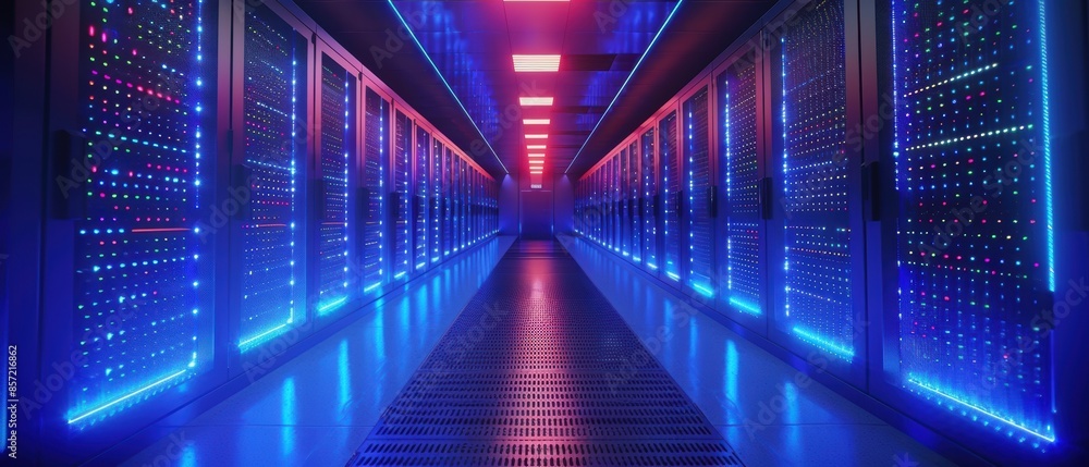 A sleek modern server room with glowing blue lights indicating active data transfer in a high-tech environment A sleek modern server room with glowing blue lights indicating active data transfer in a high-tech environment