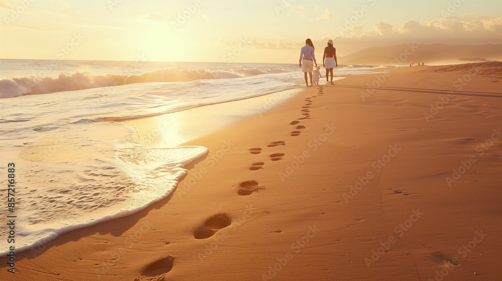 Family Walking on Beach at Sunset: Serene Coastal Scene with Footprints in the Sand and Golden Sunlight
Family Walking on Beach at Sunset: Serene Coastal Scene with Footprints in the Sand and Golden Sunlight