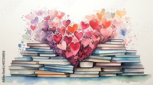 Watercolor illustration of a heart shape made of love hearts emerging from a pile of books.