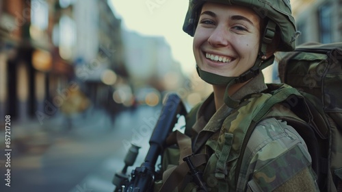 A woman wearing a military uniform holds a rifle, suitable for use as a symbol of authority or strength