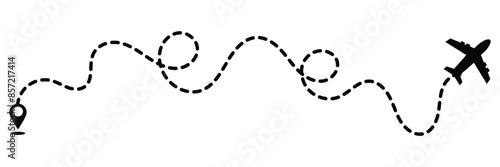 Airplane route path icon. Vector plane flight line trace, travel fly plan on white background.