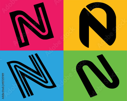 Flat N logo set. Noble N, Nexus N, Nimbus N, Neoteric N, Nova N, Nucleus N, Nautical N, Nirvana N, Ninja N, Neon N. illustration of a set of letters.