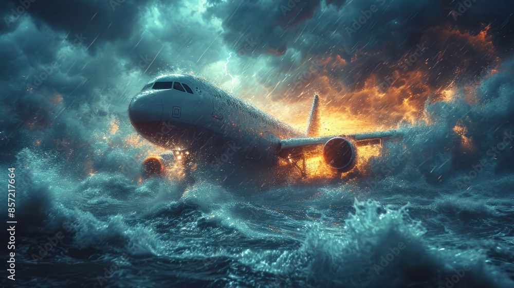 Fototapeta premium The aftermath of a tragic plane crash with a passenger plane. An airliner descending into the tumultuous ocean amid stormy weather.