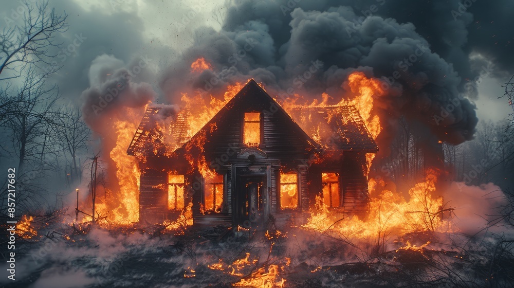 Obraz premium Witness the sorrowful sight of a countryside dwelling succumbing to a fire, causing property and housing loss.
