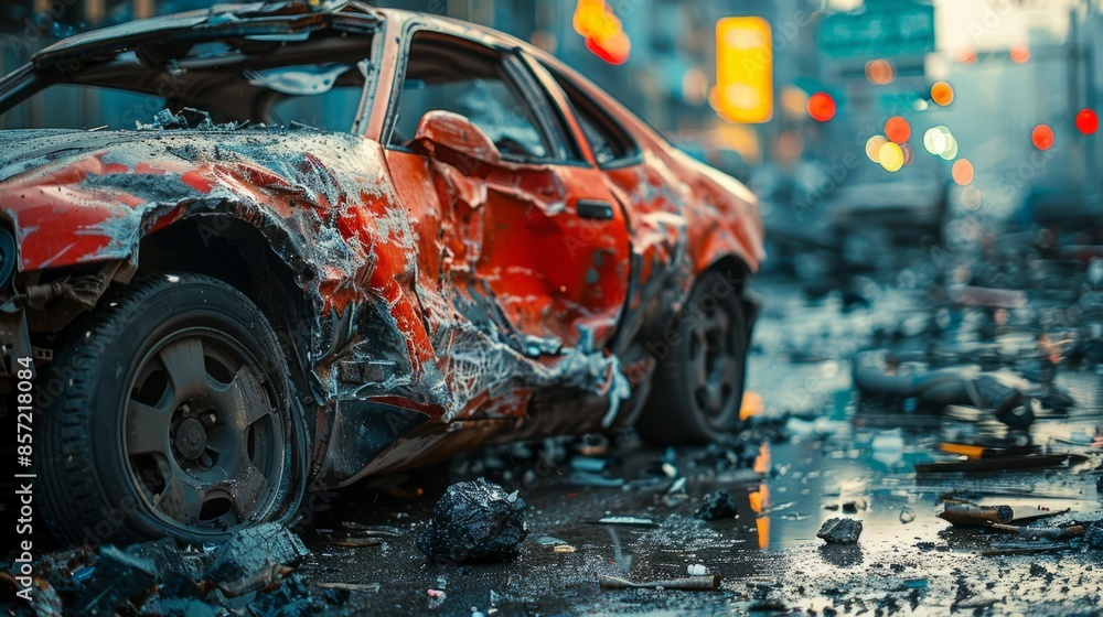 Fototapeta premium An awful road accident. Damaged cars and bent metal remnants as a result of a collision on an urban street.