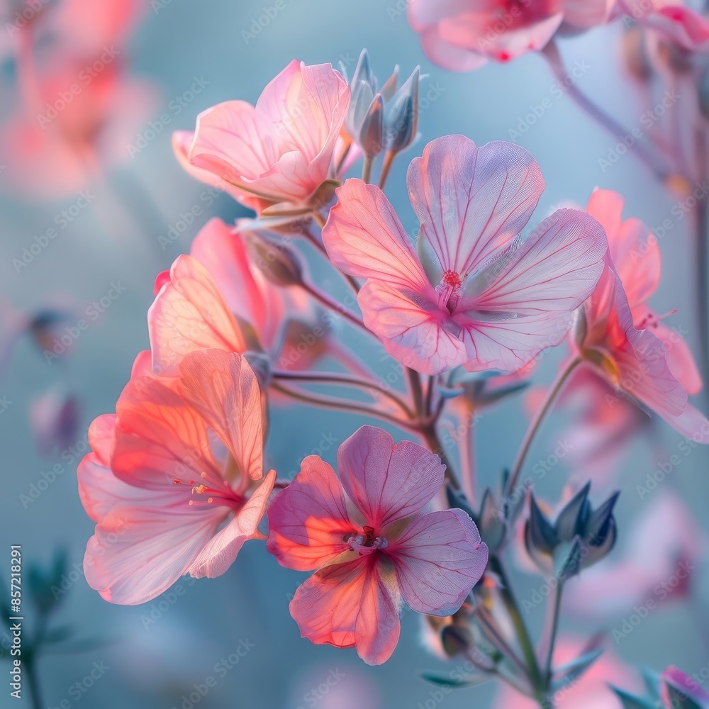 A cluster of delicate pink flowers bloom against a soft blue background, creating a tranquil and A cluster of delicate pink flowers bloom against a soft blue background, creating a tranquil and