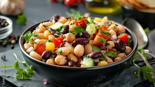 Three bean salad with vegetables parsley vinaigrette dressing, vegan gluten-free healthy lunch