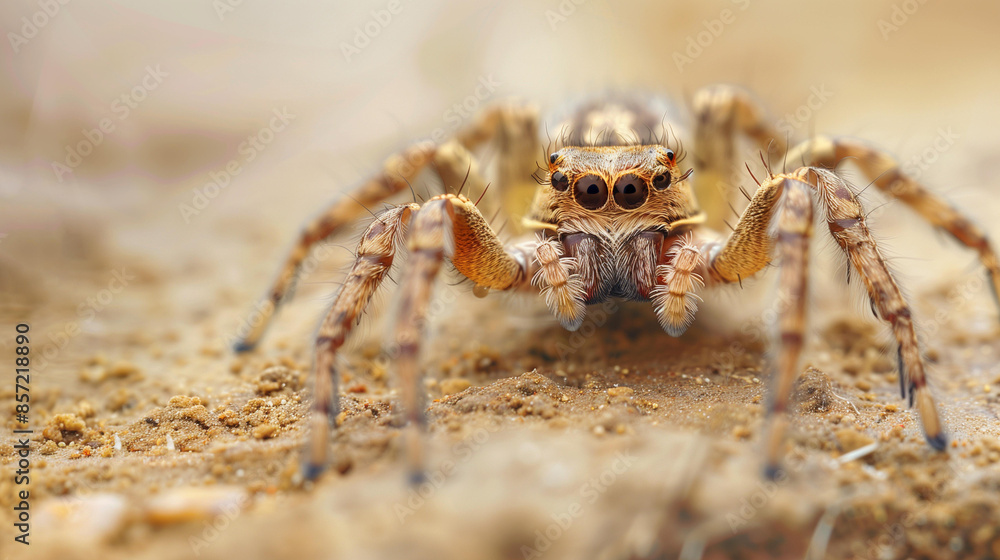 Close-up brown spider on sandy surface, horrible pest creepy eight legs Close-up brown spider on sandy surface, horrible pest creepy eight legs