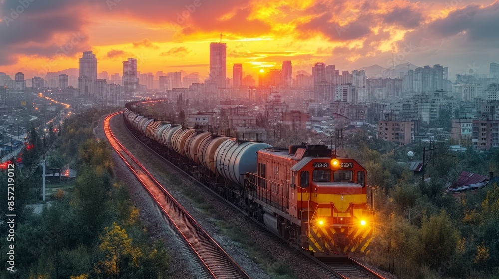 A locomotive moving tanker cars loaded with petroleum products for oil extraction and transportation by rail. Reflecting the logistics of oil distribution in an industrial scene. A locomotive moving tanker cars loaded with petroleum products for oil extraction and transportation by rail. Reflecting the logistics of oil distribution in an industrial scene.