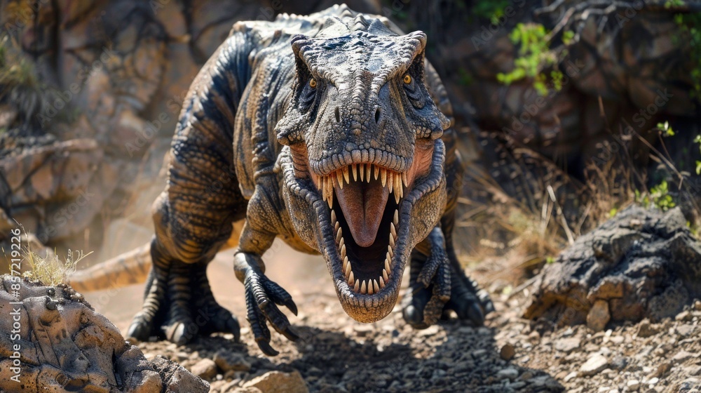 Fototapeta premium A large dinosaur is standing on a rocky surface