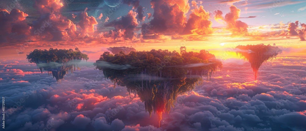 A surreal landscape with floating islands in a vibrant sunset, enhanced with detail A surreal landscape with floating islands in a vibrant sunset, enhanced with detail