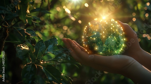 Hand holding a glowing, green Earth with digital networks, sunlight filtering through leaves, closeup