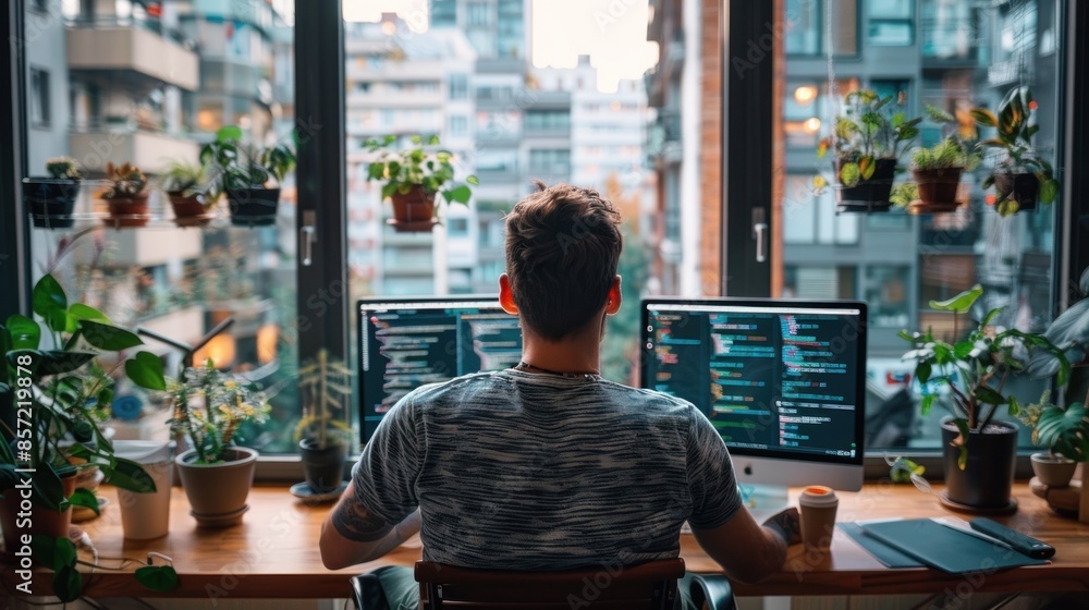 A man is sitting at a desk with two computer monitors and a laptop A man is sitting at a desk with two computer monitors and a laptop