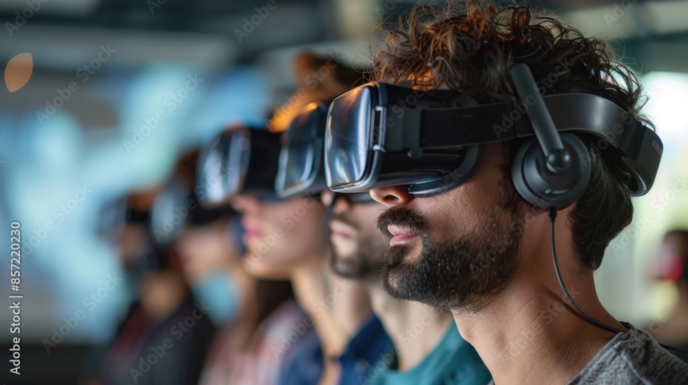 A man wearing a virtual reality headset is looking at a screen A man wearing a virtual reality headset is looking at a screen