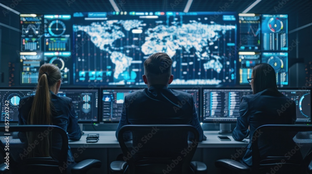 Three people are sitting at computer monitors in front of a large screen display