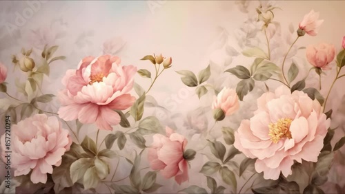 Watercolor floral pattern featuring peonies and leaves in soft colors on a vintage background. Concept Floral Pattern, Watercolor Art, Peonies, Leaves, Vintage Background