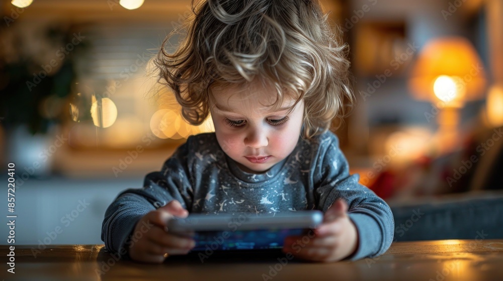 A young child is sitting at a table with a tablet in front of him A young child is sitting at a table with a tablet in front of him