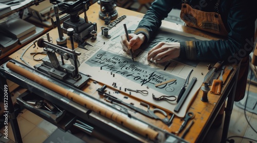 A dedicated typographer meticulously crafts elegant letterforms on a spacious drafting table, aiming for perfection. photo